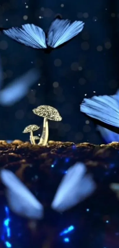 Magical blue butterflies hover over glowing mushrooms in nighttime scene.