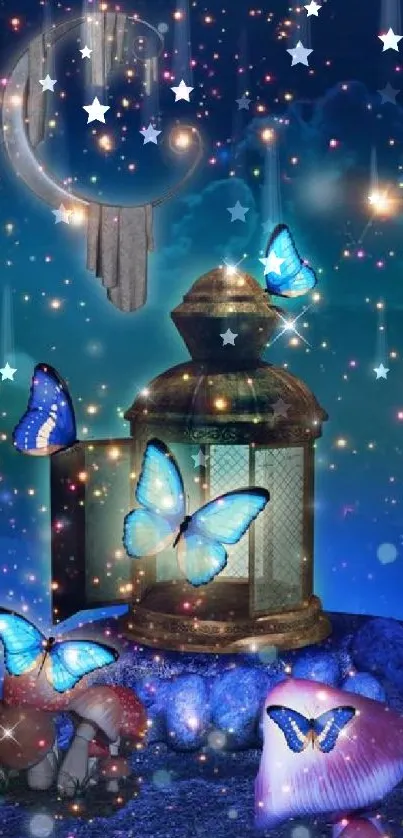 Magical scene with blue butterflies, lantern, and starry night sky.