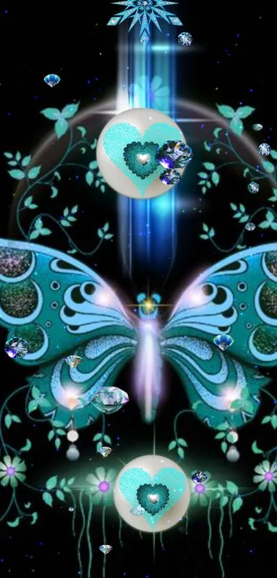 Enchanting blue butterfly with floral and sparkling elements on a dark background.
