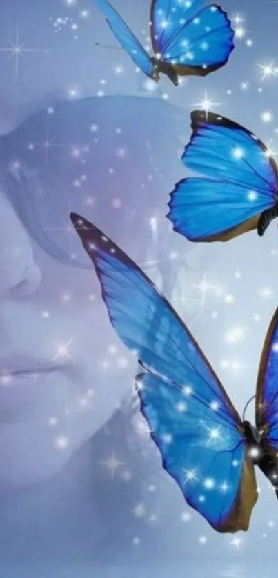 Blue butterflies and stars in a magical night sky wallpaper.