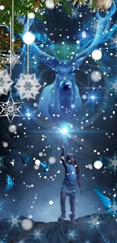 Fantasy wallpaper featuring a blue deer and a child under starry, mystical skies.