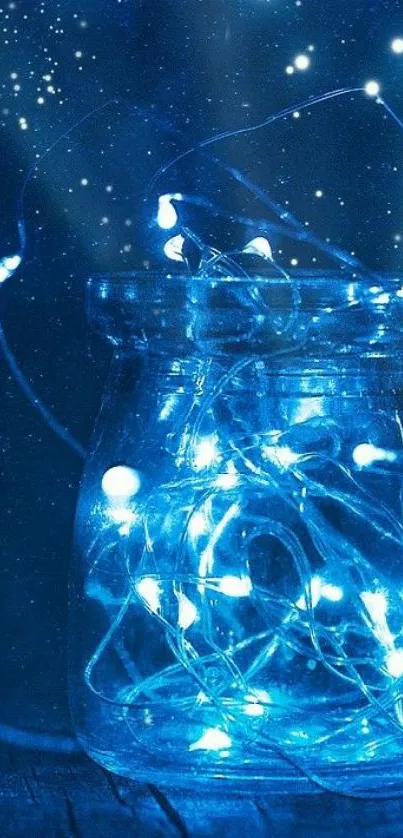 Jar with glowing blue fairy lights under a starry sky.