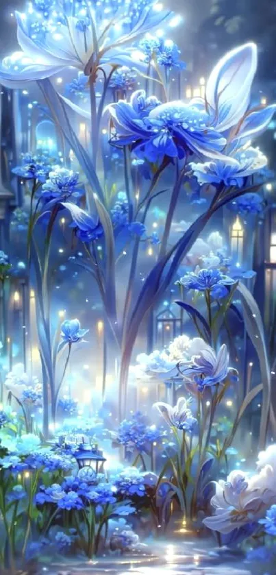 Magical blue flower fantasy wallpaper with glowing lights.