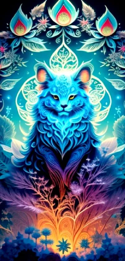 Blue fox with floral patterns in vibrant fantasy art.