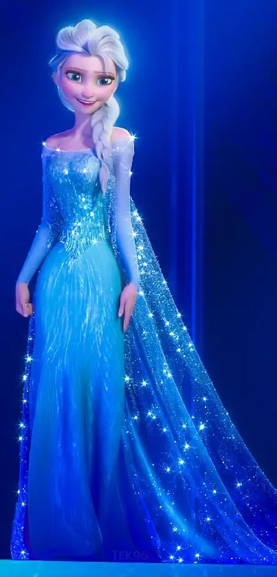 Magical ice princess in a blue sparkling gown under moonlight.