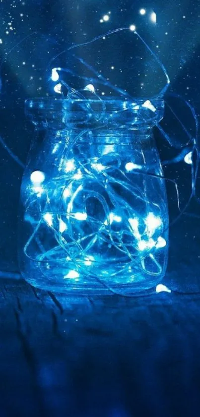 Jar with glowing blue fairy lights, creating a magical ambiance.