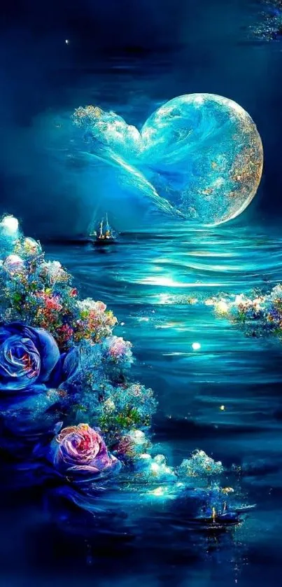 Magical blue moon scene with flowers and water reflections at night.