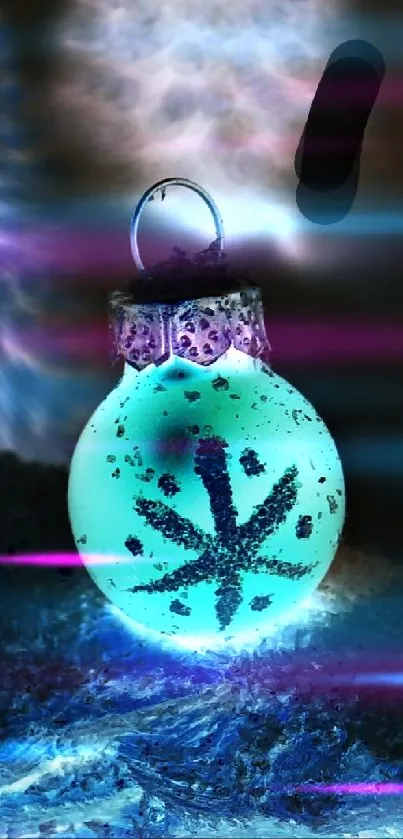 Glowing blue ornament in snowy forest setting for mobile wallpaper.