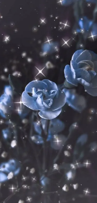 Magical blue roses with sparkles in a dark, enchanting setting.