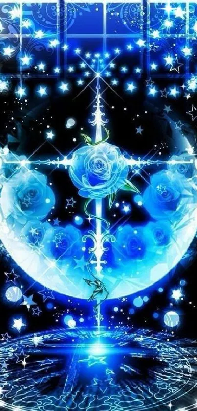 Magical blue rose with stars and celestial designs on a dark background.