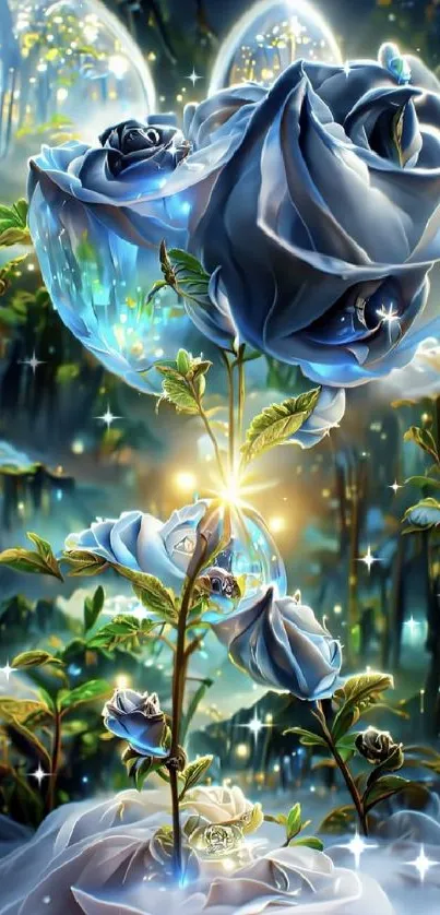 Enchanted blue roses in a mystical forest setting with a magical glow.