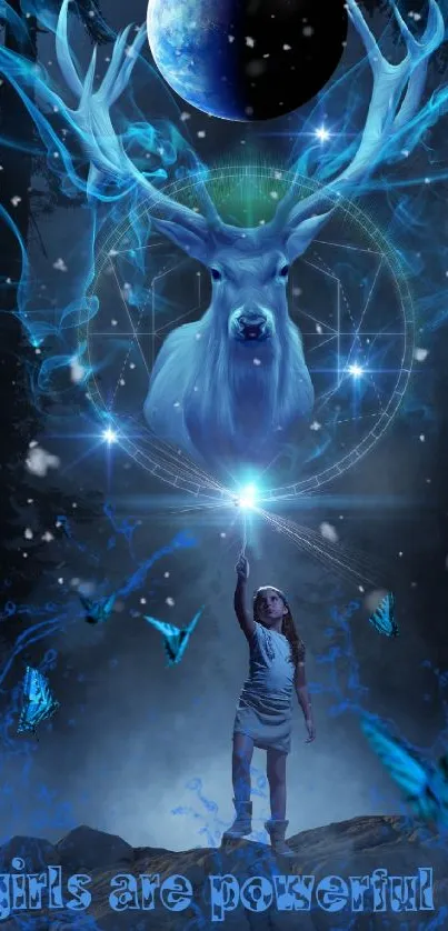 Magical blue stag with girl and butterflies under a cosmic moonlit sky.