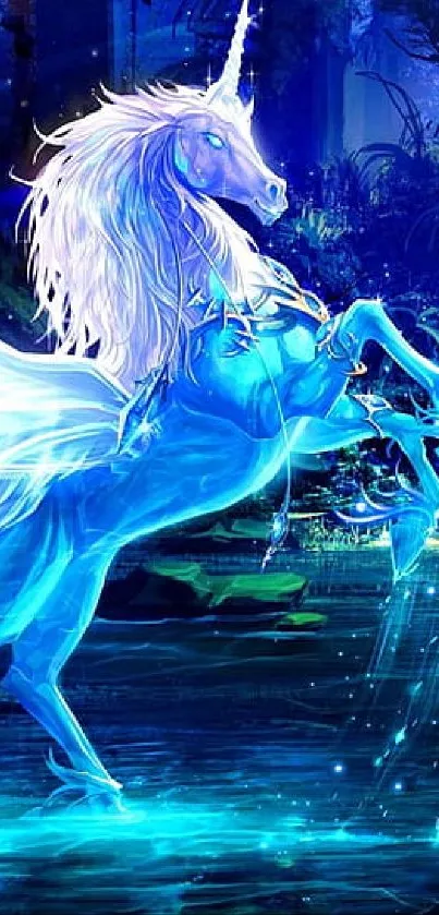 Mystical blue unicorn in a dark forest with glowing aura.