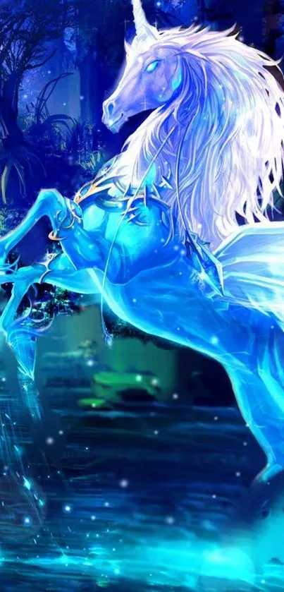 Blue unicorn in mystical forest wallpaper.