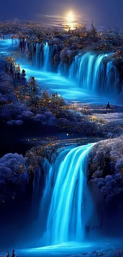 Magical blue waterfall at twilight with glowing sunset and serene surroundings.