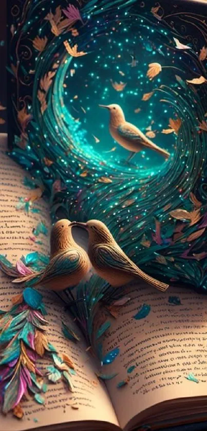 Whimsical fantasy wallpaper with birds and magical book.