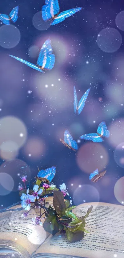 Blue butterflies emerge from book in bokeh background.