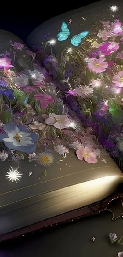 Open book with colorful flowers and butterflies, magical fantasy scene.