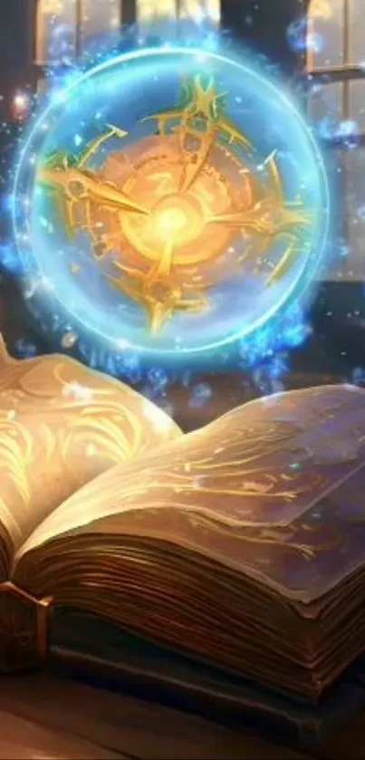 Fantasy wallpaper with glowing book and orb.