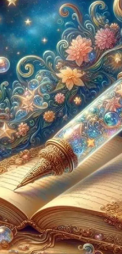 Magical book and golden pen with stars and flowers design.