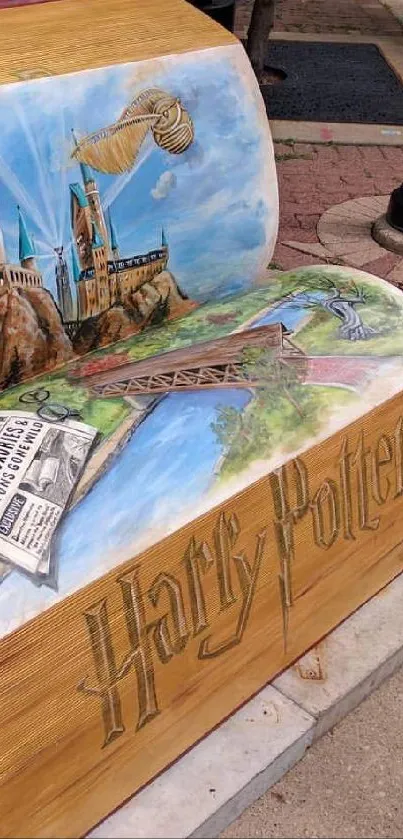 Harry Potter themed book bench with Hogwarts painted on it.