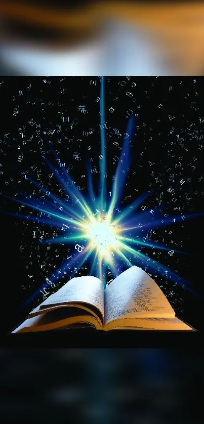 Magical book emits a radiant burst of light and letters on a dark background wallpaper.