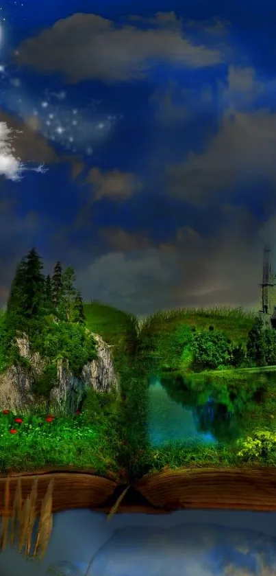 Magical fantasy landscape with castle, meadow, and open book under moonlit sky.