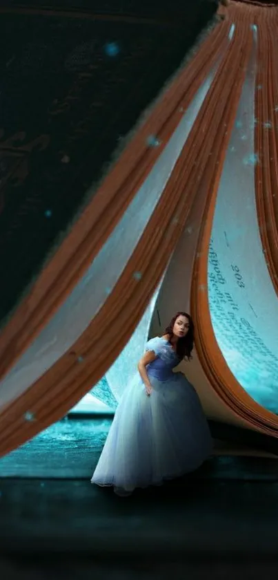 A woman in a dress under a large, magical book.