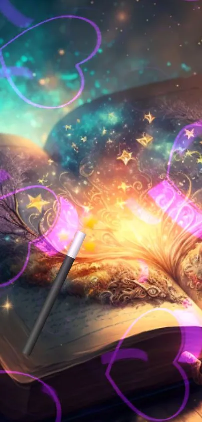 Fantasy wallpaper with an open book, glowing stars, and colorful heart outlines.
