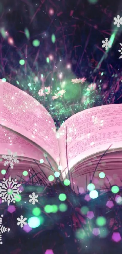 Magical open book emitting glowing lights in a dark, mystical setting.