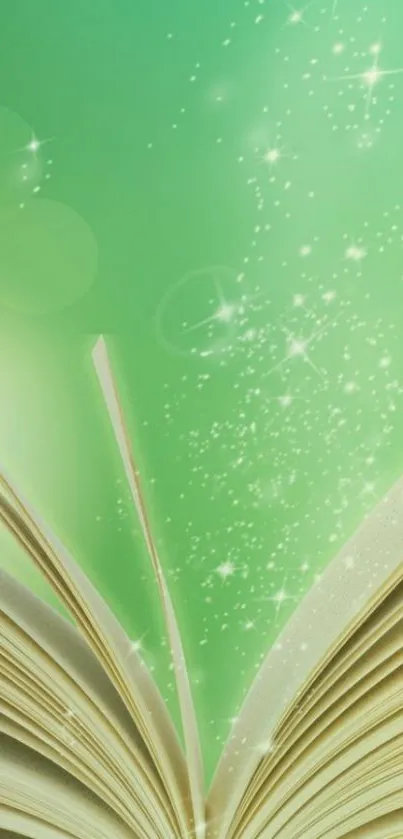 Open book with glowing green sparkles against a light backdrop.