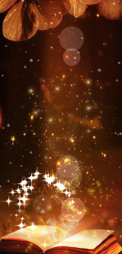Magical book with glowing stars and warm hues in a mystical wallpaper design.