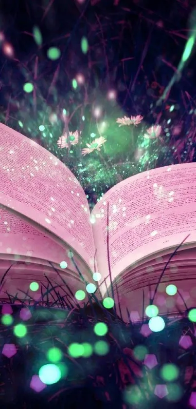 Open book in nature with glowing magical lights.