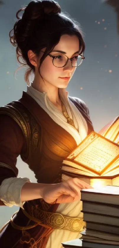 Woman reading glowing books, mystical wallpaper.