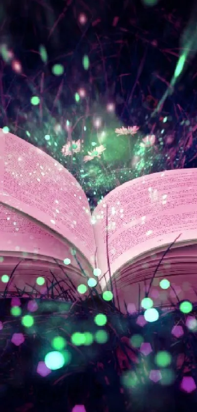 Open magical book with glowing green lights in dark forest.