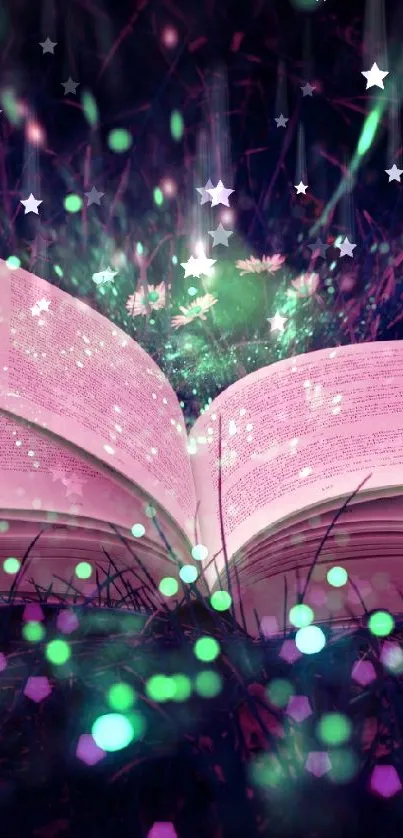 A glowing book in a mystical, colorful forest scene.