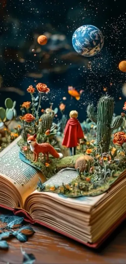 Fantasy world growing from an open book with planets and a fox.