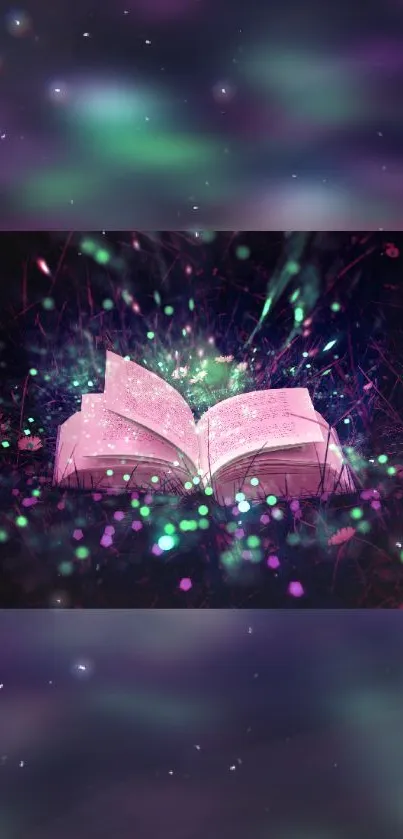 Magical open book with glowing lights on a purple background.