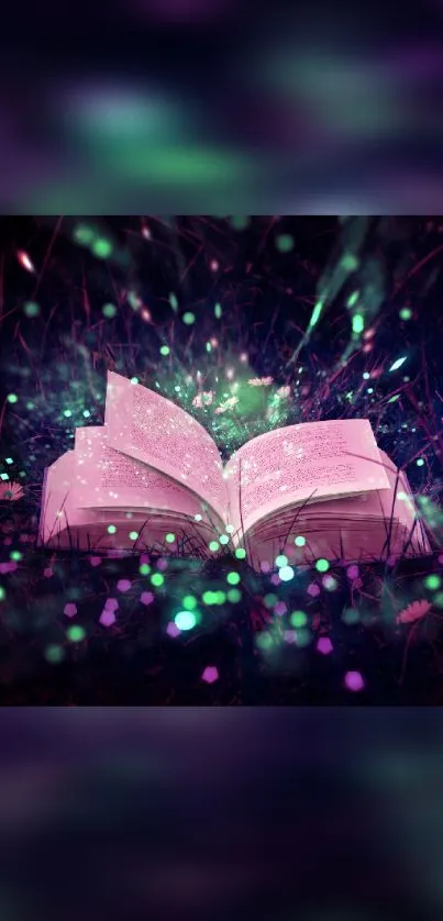 Magical open book emitting glowing lights in a dark, enchanted forest setting.