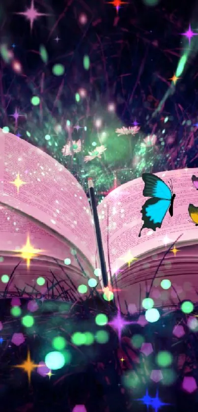 Open magical book with butterflies in a glowing forest.