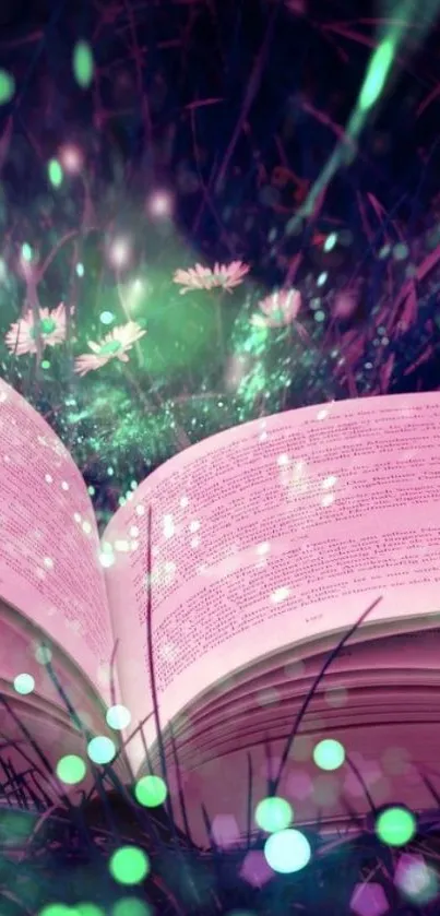 Open book with glowing lights in a magical purple forest.