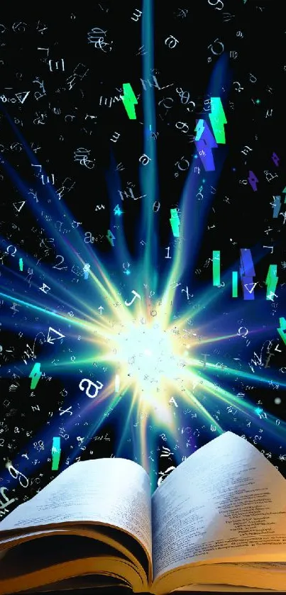 Open book emits bright light with floating symbols on dark background.