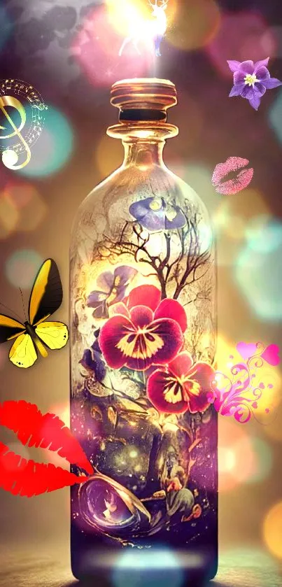 Fantasy bottle with butterflies and notes.