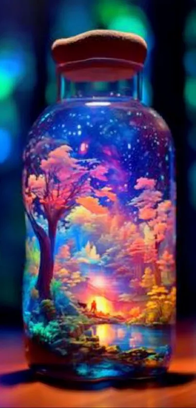 Magical forest scene inside a bottle, vibrant colors.