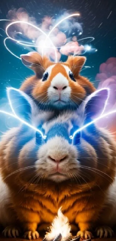 Two magical bunnies with glowing trails and stars in a whimsical night scene.