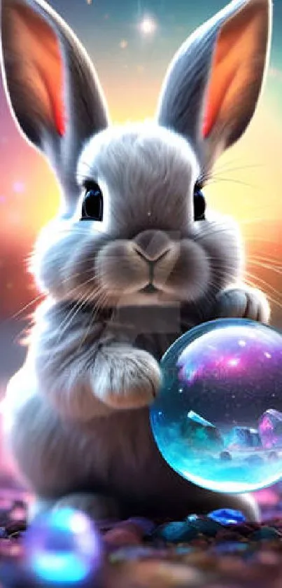 Cute bunny holding a glowing cosmic orb in a vibrant galaxy setting.