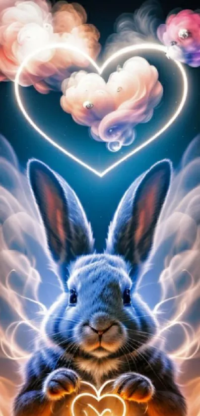 Magical bunny with heart-shaped clouds and glowing effect on mobile wallpaper.