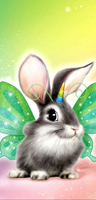 Cute bunny with green wings and unicorn horn on pastel background.