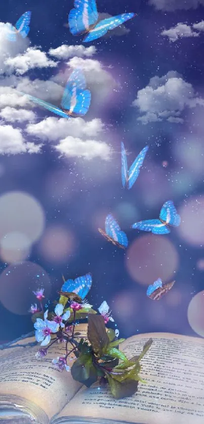 Magical blue butterflies above an open book with a soft bokeh background.