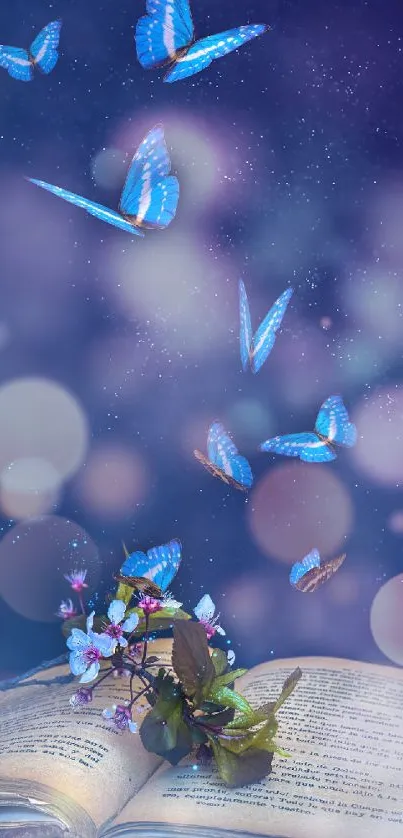 Blue butterflies flying over an open book with a dreamy background.